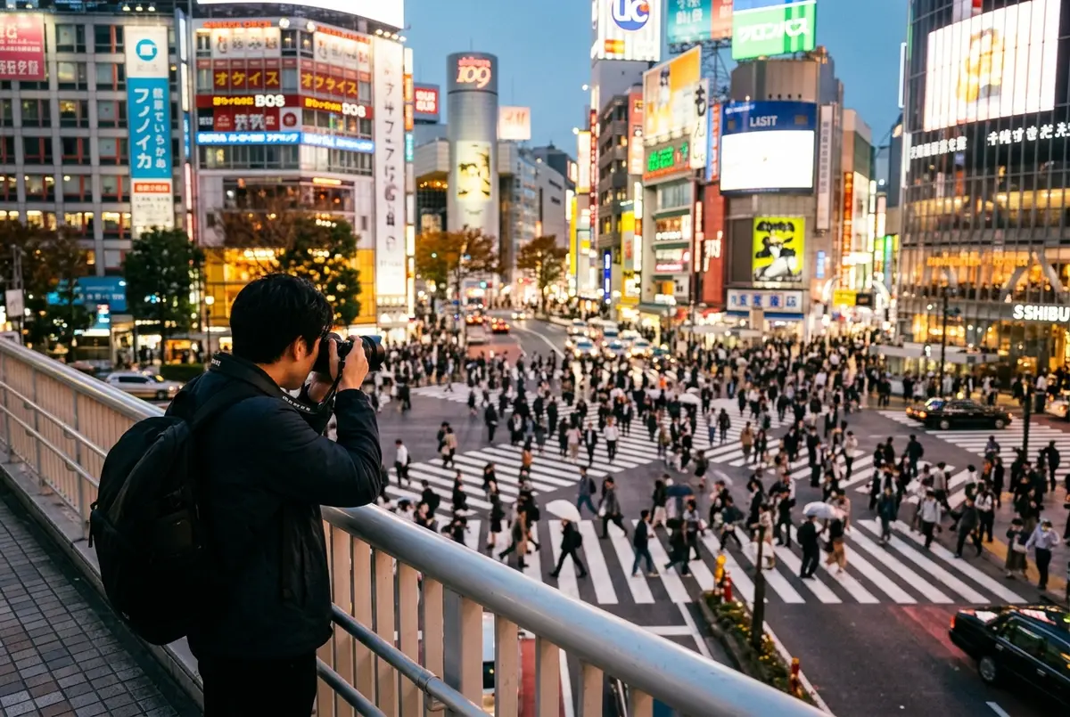 Best place to see Shibuya Crossing free: photographer at a raised station walkway looking down on the scramble crossing at dusk