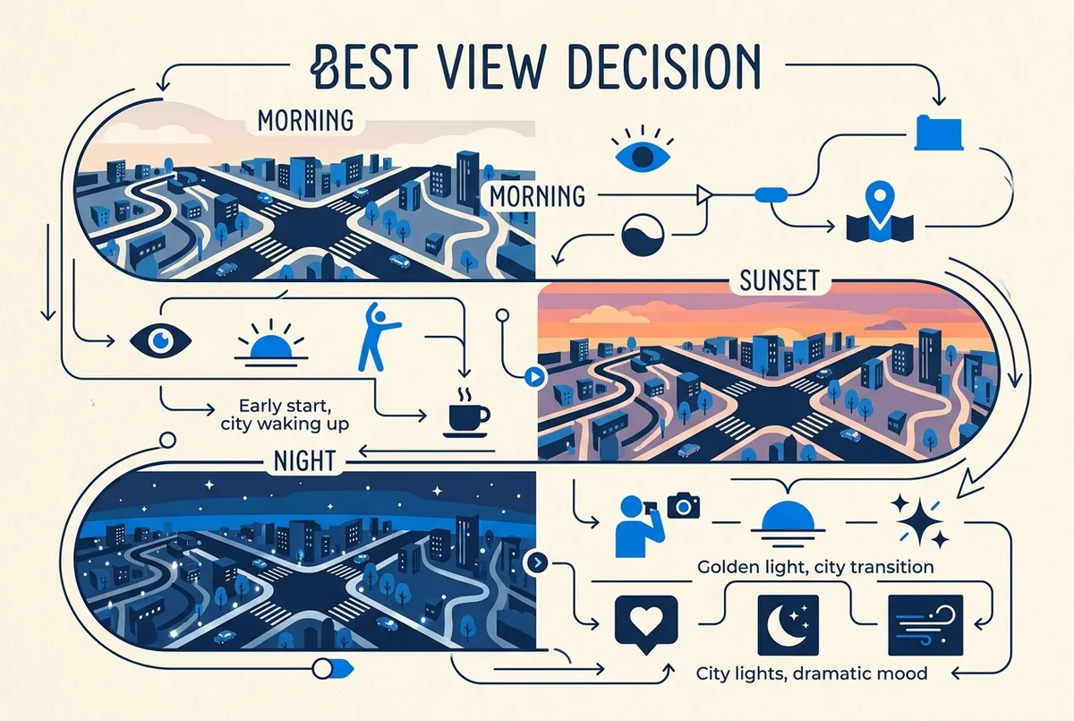 Decision graphic for the best time to visit Shibuya Sky comparing morning, sunset and night slots by goal, generic labels only