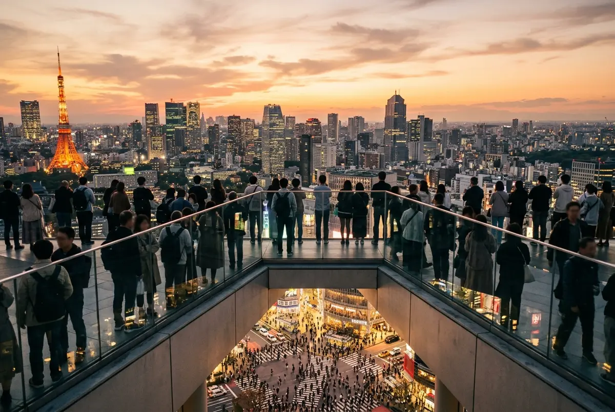 Mirador Shibuya Sky de Tòquio a la posta de sol, amb visitants vora la vora de vidre oberta sobre l'skyline i el creuament de Shibuya