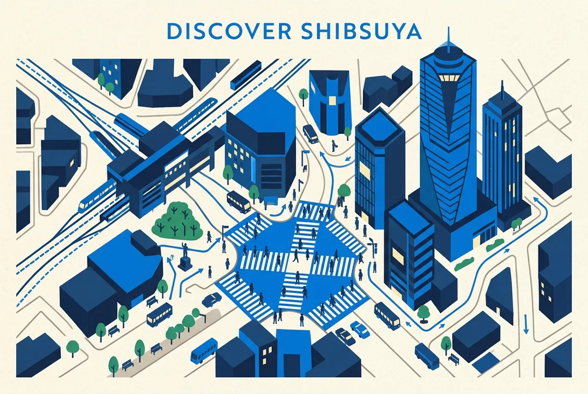 Mapa senzill de Shibuya amb l'estació, el Shibuya Scramble Square, el creuament, l'estàtua de Hachiko i Center Gai, amb etiquetes generals per situar Shibuya Sky