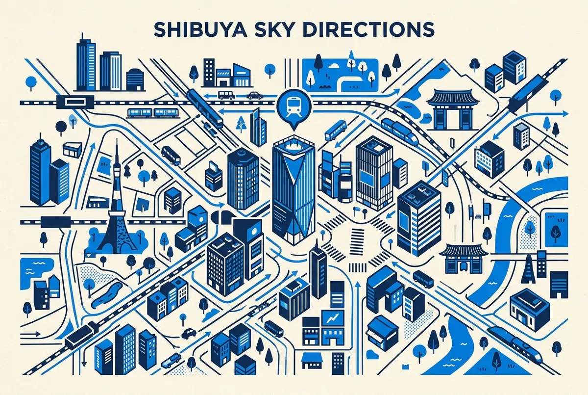 illustrated map of Tokyo highlights for How to Get to Shibuya Sky: Address and Station Directions, how to get to shibuya sky
