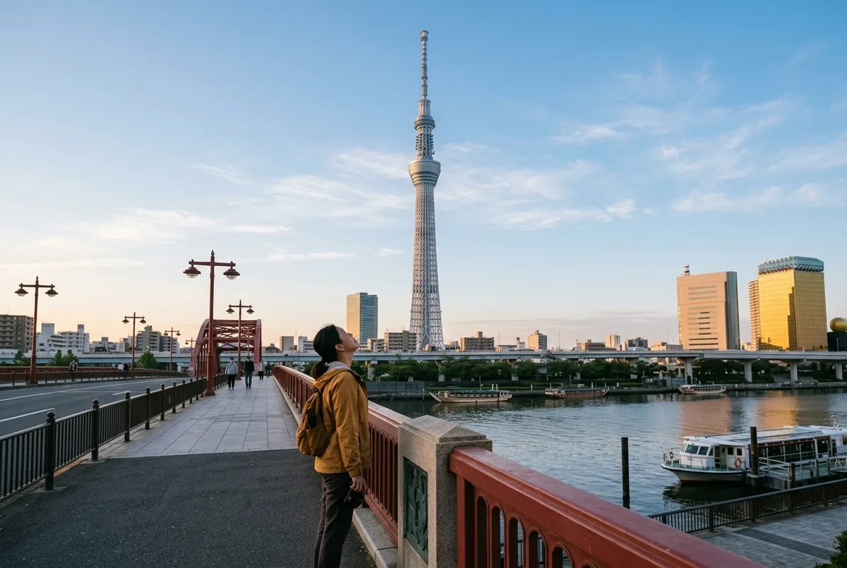 Is Tokyo Skytree worth it: traveler looking up at the tall Tokyo Skytree tower beside a Sumida river bridge in soft morning light