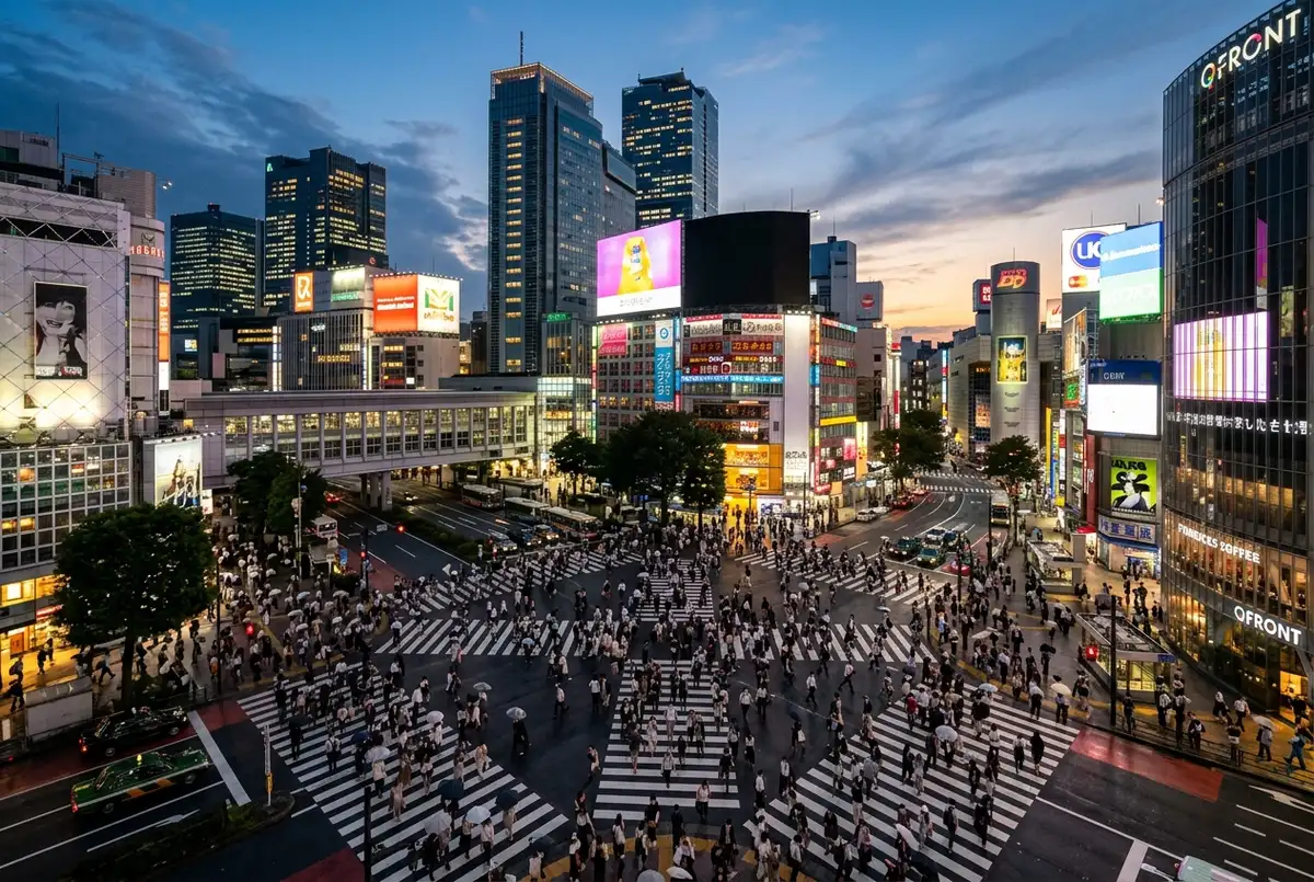 Shibuya crossing view from above: crowds spilling across the scramble intersection at dusk with glowing screens and Shibuya Sky's rooftop in the frame
