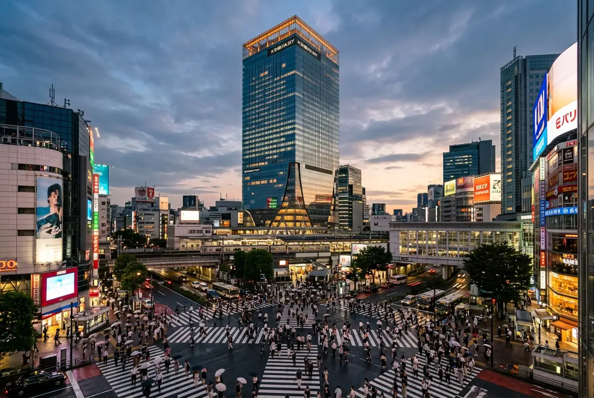 Wieżowiec Shibuya Scramble Square nad stacją Shibuya i skrzyżowaniem Scramble Crossing o zmierzchu, z rozświetlonym tarasem na szczycie