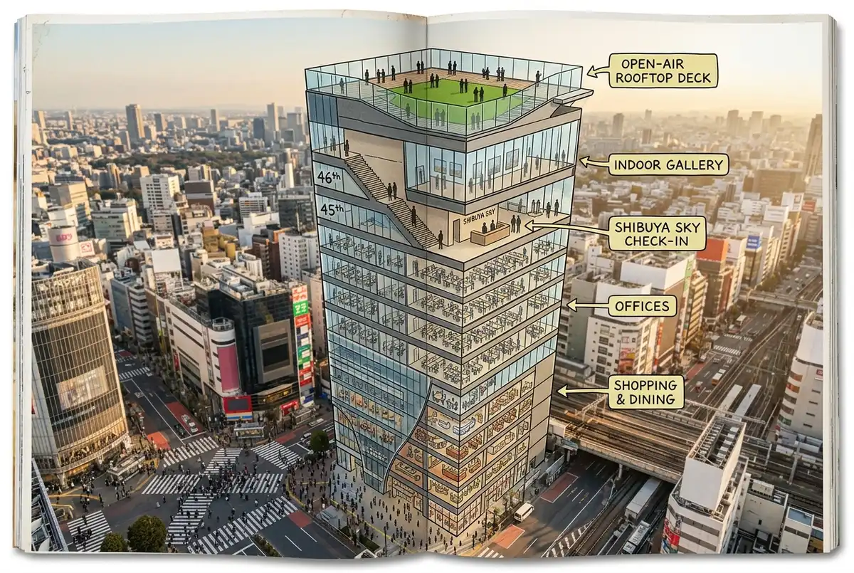 Poglądowa ilustracja pionowego przekroju Shibuya Scramble Square z ogólnymi podpisami stref: sklepy, biura, wejście na Shibuya Sky, galeria i otwarty taras na dachu