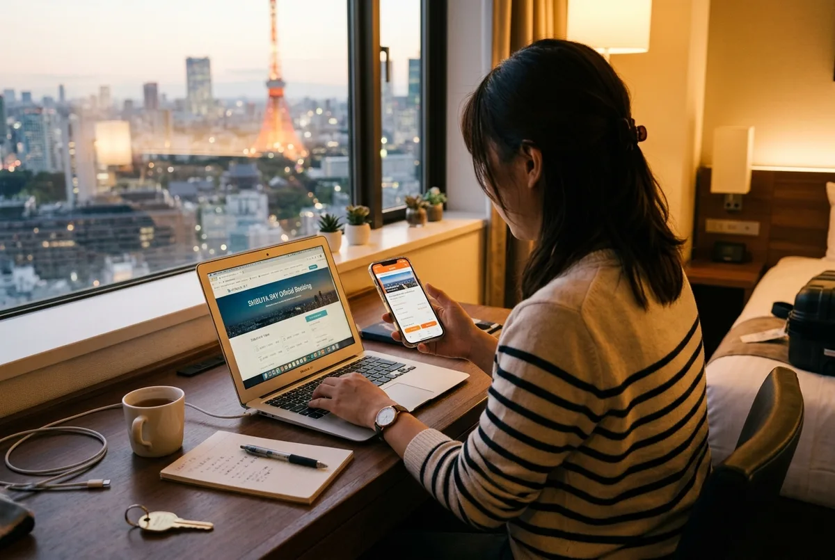 Traveler comparing shibuya sky booking klook options against an official ticket page on a laptop and phone at a Tokyo hotel desk, warm evening light