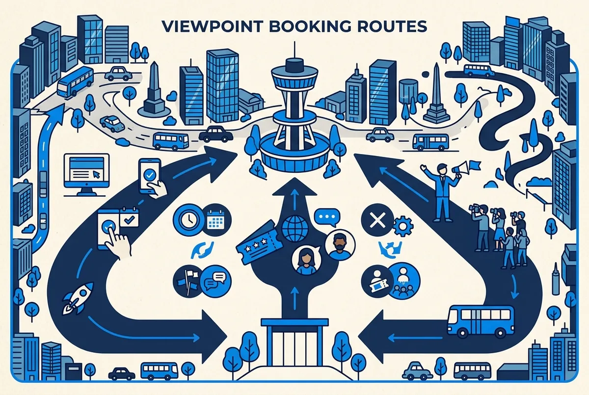 Comparison infographic of shibuya sky booking routes: official site, ticket platform and guided tour, with generic labels only such as flexibility, language, cancellation and slots