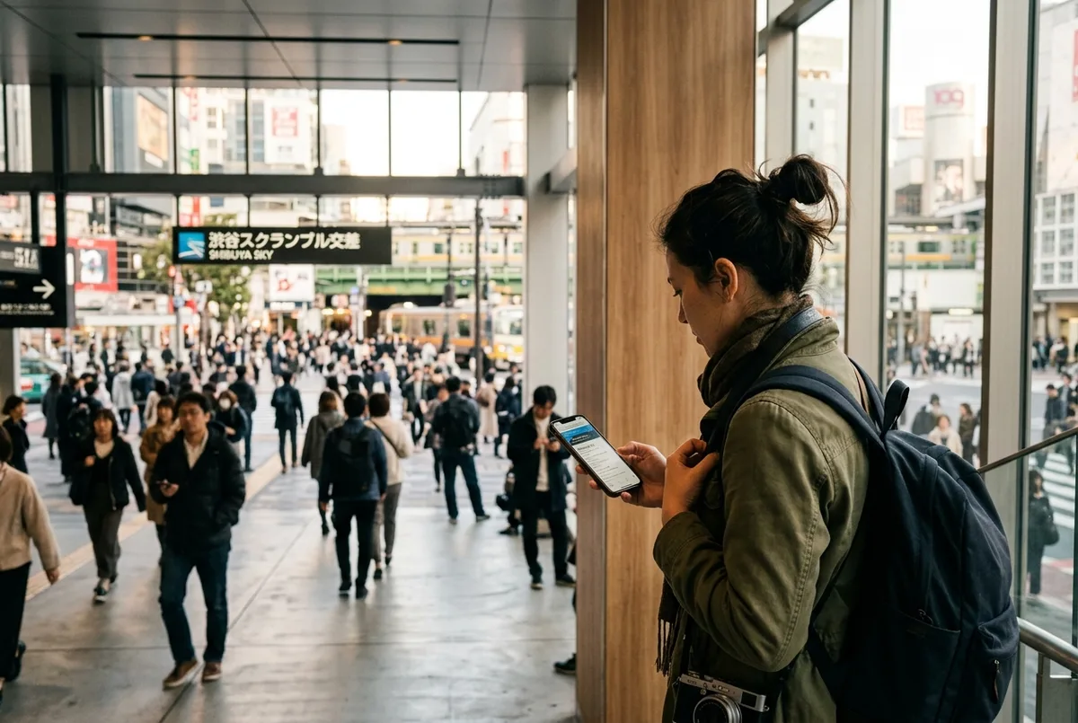 besökare tittar på klockan vid ingången till Shibuya Sky när kvällsljuset faller över Shibuya Scramble Square i Tokyo