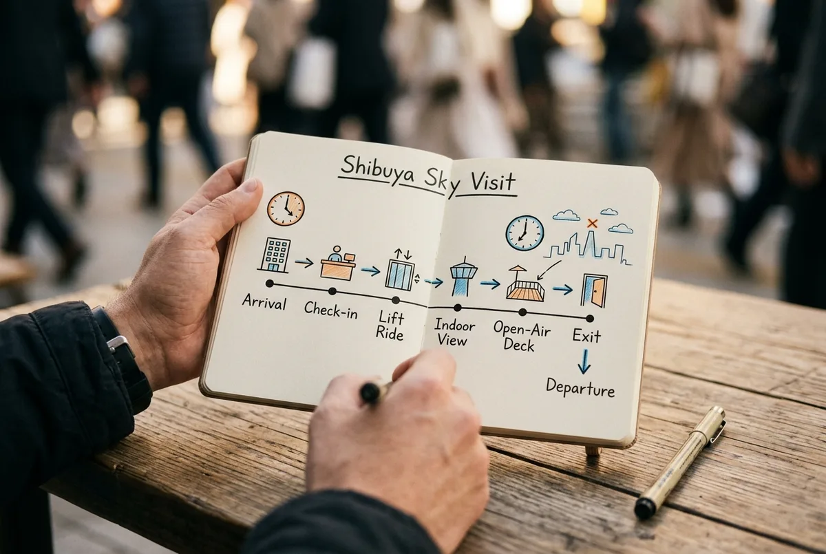 Tidslinje över en dag på Shibuya Sky: öppning, dagsljus, solnedgång, natt och sista insläpp illustrerade som ett schema