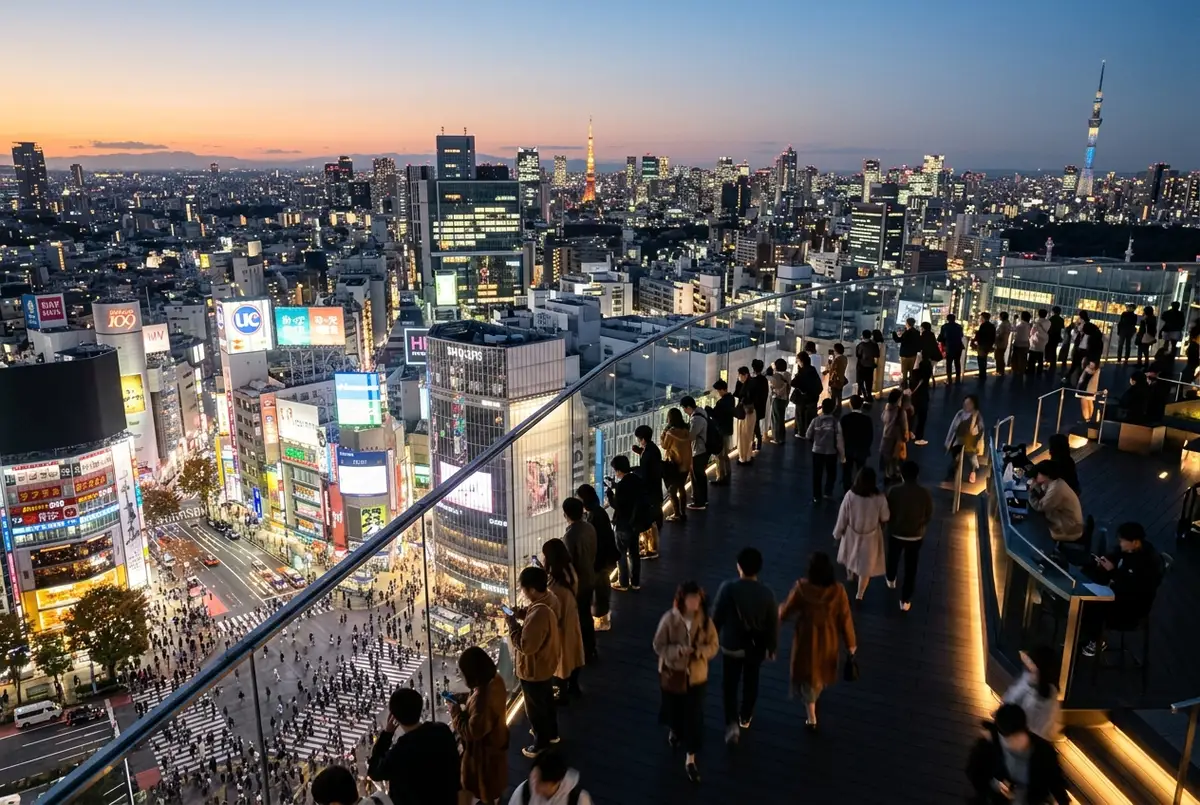 Besucher auf der Shibuya Sky Aussichtsplattform in der Dämmerung mit Blick auf die Scramble Crossing und die Skyline von Tokio, leuchtende Stadtlichter, weiter Blick