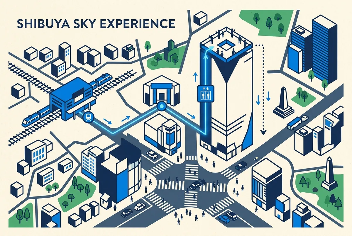 Karte der Shibuya Sky Aussichtsplattform als Infografik mit Bahnhof Shibuya, Scramble Square, Scramble Crossing und Blickrichtungen über Tokio