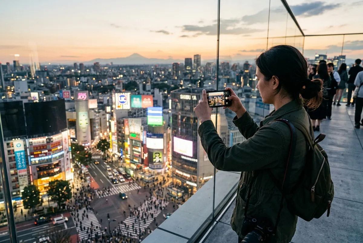 Photographer framing shibuya sky photos of the Scramble Crossing from the open-air rooftop at dusk, phone held with both hands