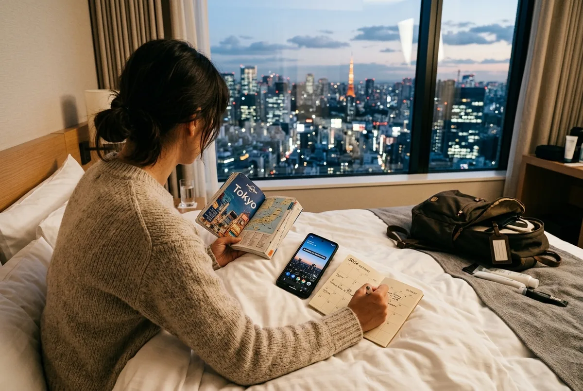 Traveler planning a shibuya sky reservation with a paper calendar, phone and Tokyo guidebook on a hotel bed, soft evening light and the city skyline in the window