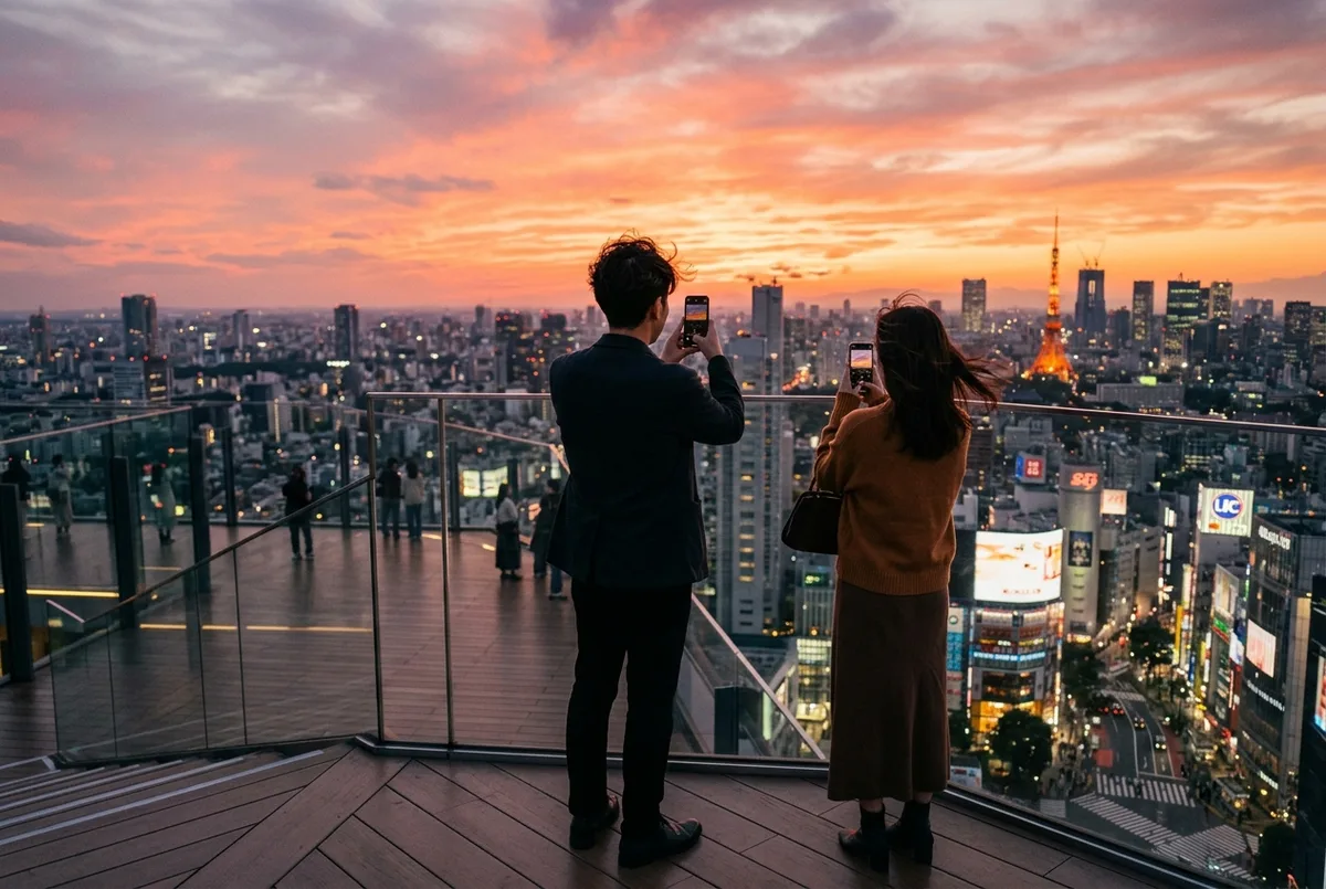 Bezoekers op het open dek van Shibuya Sky bij zonsondergang met een oranje lucht en de gloeiende skyline van Tokio