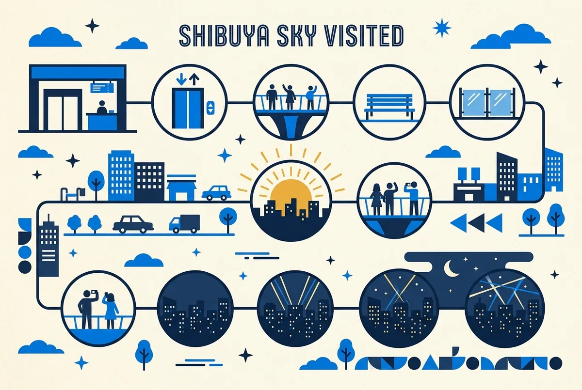 Tijdlijn van een avondbezoek aan Shibuya Sky in drie stappen: gouden uur, schemering en nacht, met de skyline van Shibuya als vaste achtergrond