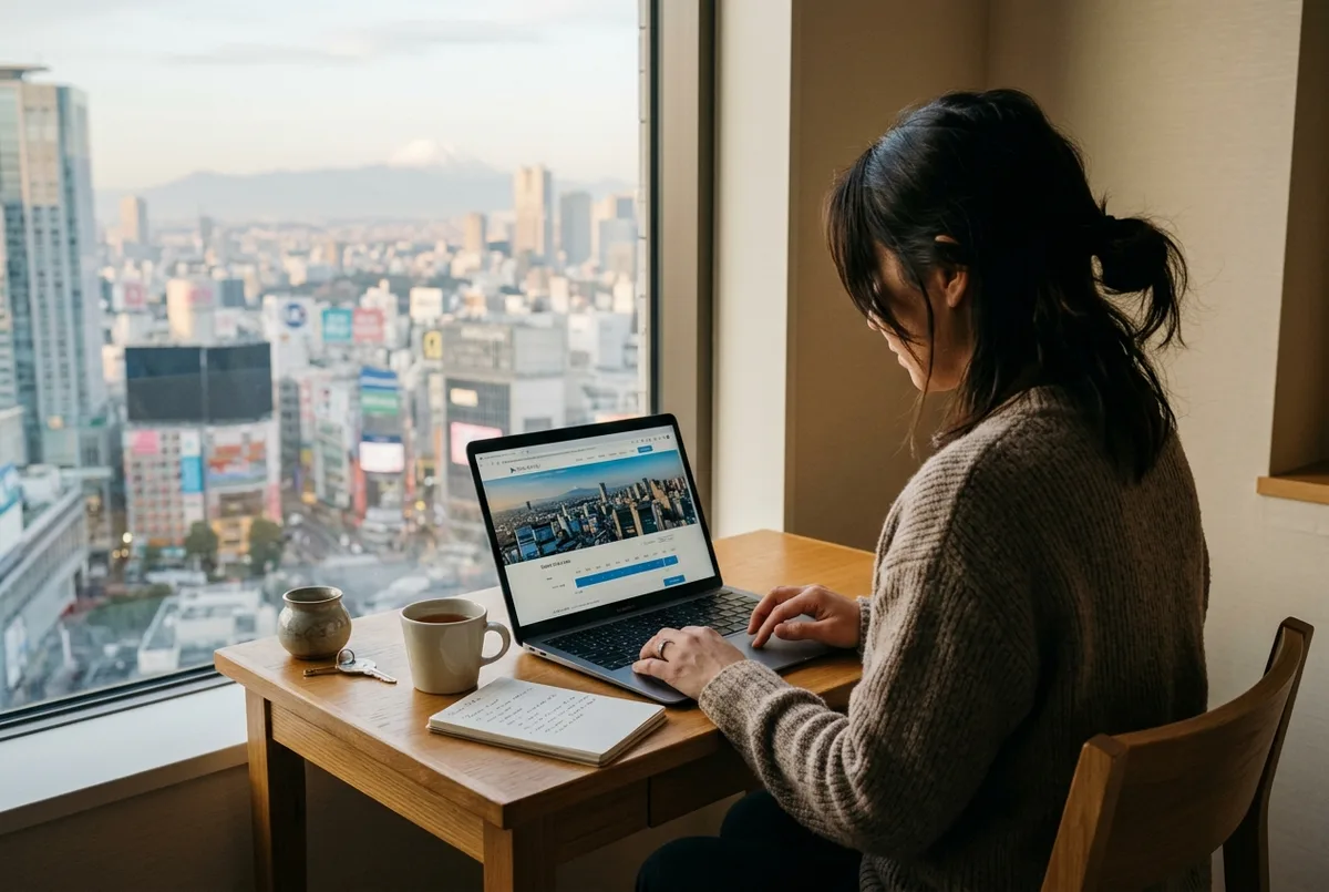 Traveler at a hotel desk choosing a date and time slot for a shibuya sky ticket online on a laptop, Tokyo skyline photo on the screen, calm morning mood