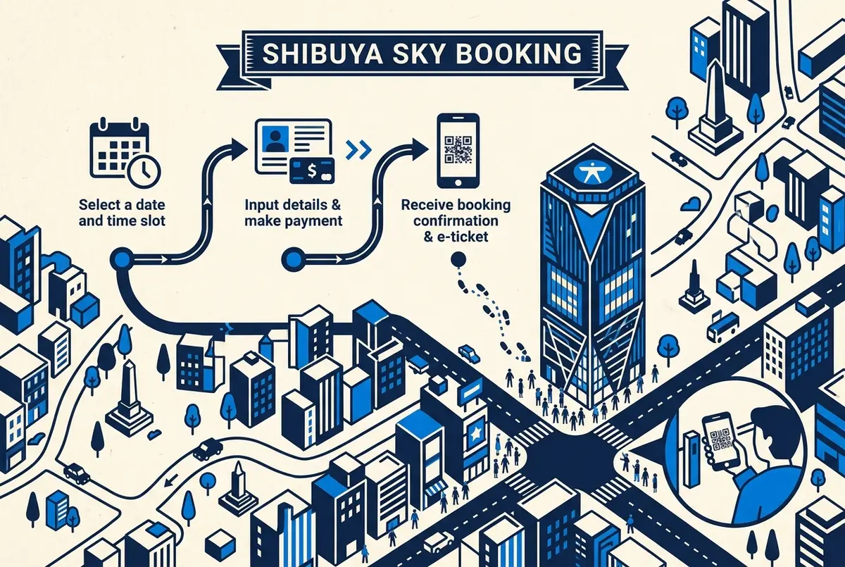 Stappenkaart voor het online boeken van Shibuya Sky tickets: datum kiezen, tijdslot kiezen, betalen en e-ticket ontvangen, met Shibuya Station en Hachiko als oriëntatiepunten