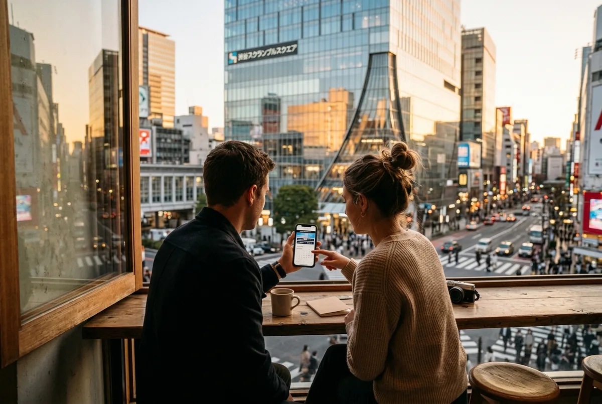 Twee reizigers vergelijken de Shibuya Sky ticket prijs op een tablet met het Shibuya Scramble Square gebouw op de achtergrond