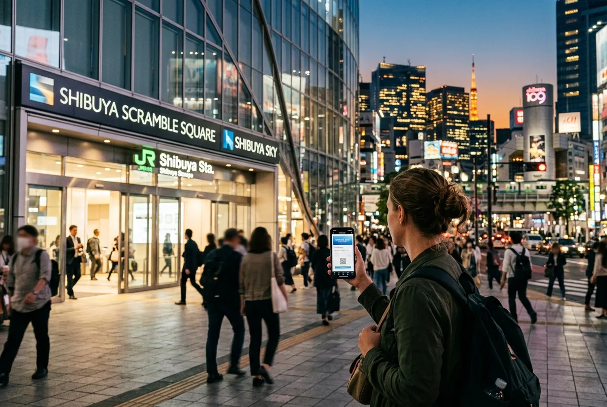 Rejsende holder en telefon med en e-billet til Shibuya Sky foran indgangen til Shibuya Scramble Square i skumringen, Tokyos skyline lyser bagved