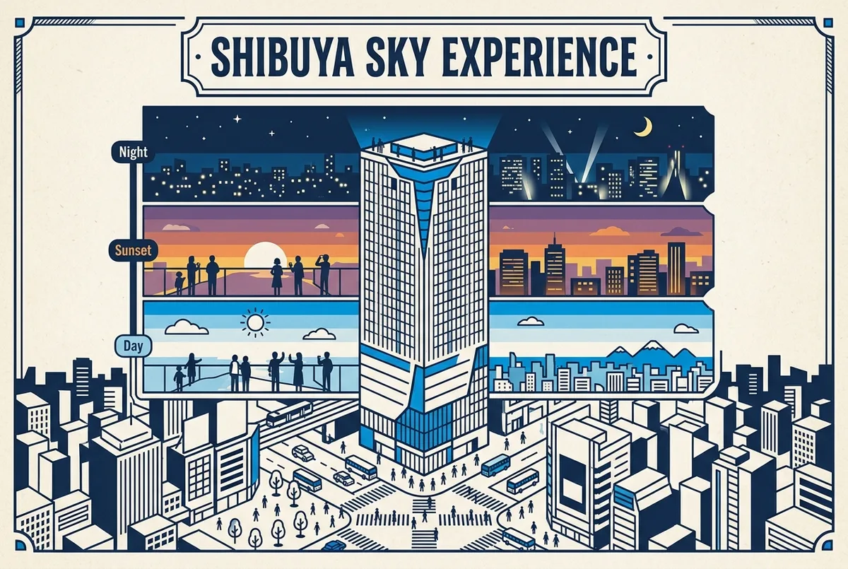 Illustreret infografik af en tidslinje for et Shibuya Sky besøg med dag, solnedgang og nat over Shibuya Scramble Square, kun generiske betegnelser