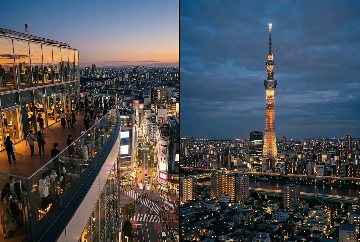 Zestawienie dwóch tarasów widokowych w Tokio o zmierzchu: otwarty dach Shibuya Sky w centrum miasta i smukła wieża Tokyo Skytree na horyzoncie