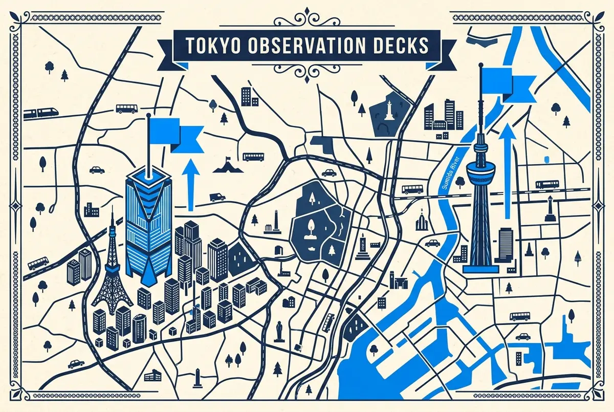 Poglądowa infografika porównująca trzy tarasy widokowe w Tokio: Shibuya Sky, Tokyo Skytree i Tokyo Tower, z ogólnymi podpisami nazw i typów widoku