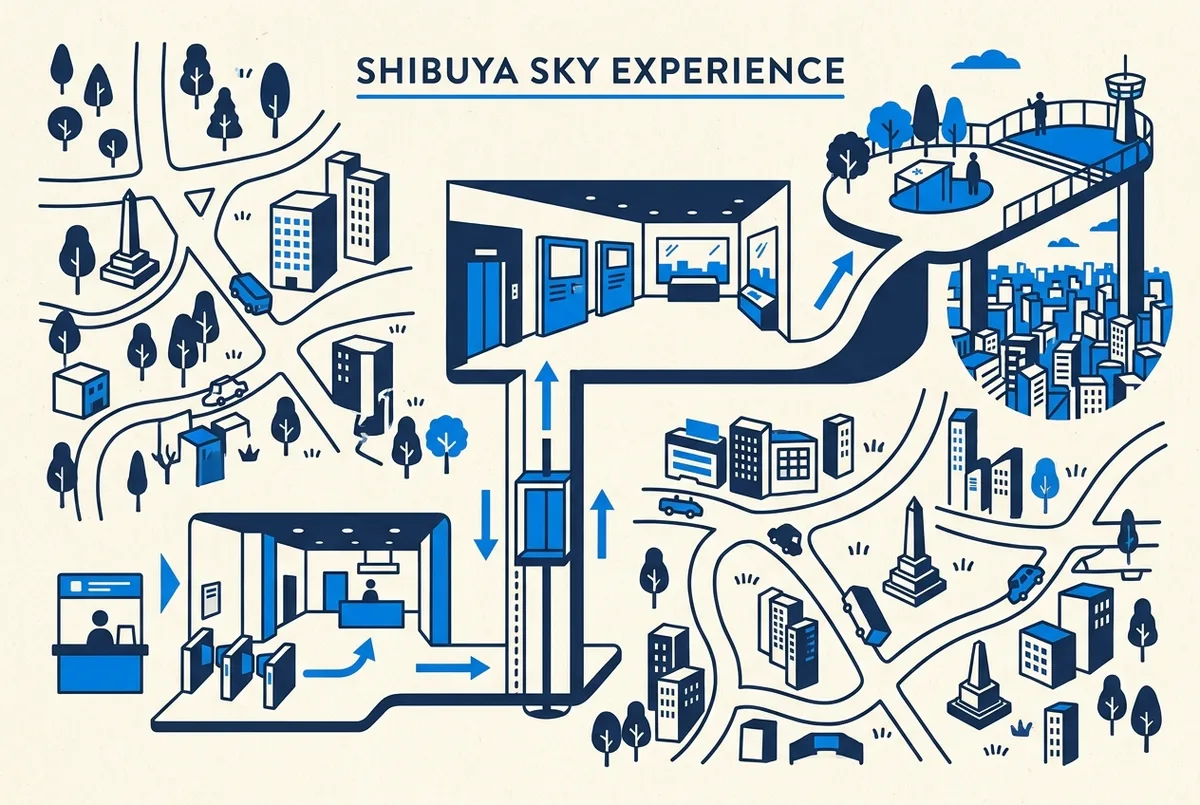 Illustrated map style graphic of the Shibuya Sky visit flow from entrance and check in to the lift, indoor gallery and open air sky stage, generic labels only