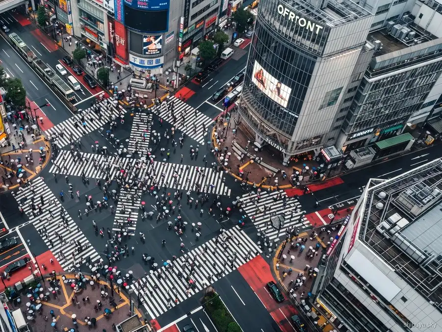 Shibuya Sky rehberli tur grubu Scramble Crossing'de