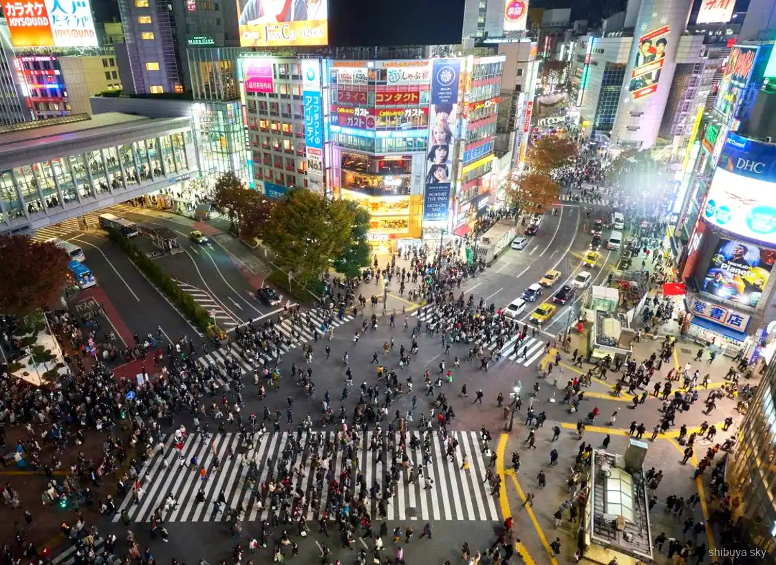 Nocna wycieczka z biletem na Shibuya Sky, przewodnik i goście na neonowych ulicach