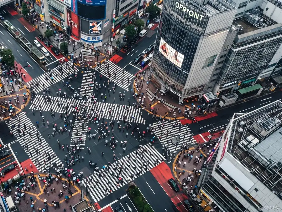 Guidet Shibuya Sky tur, gruppe ved Scramble Crossing
